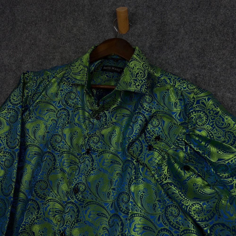 Barry Wang Mens Silk Blend Paisley Button Down Shirt Green Blue Long Sleeve L